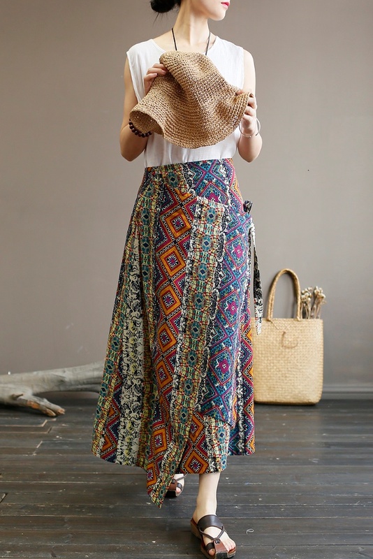 One Piece Lace Skirt Female Original Large Size Irregular Retro Printed A-line Cotton And Linen Long Skirt