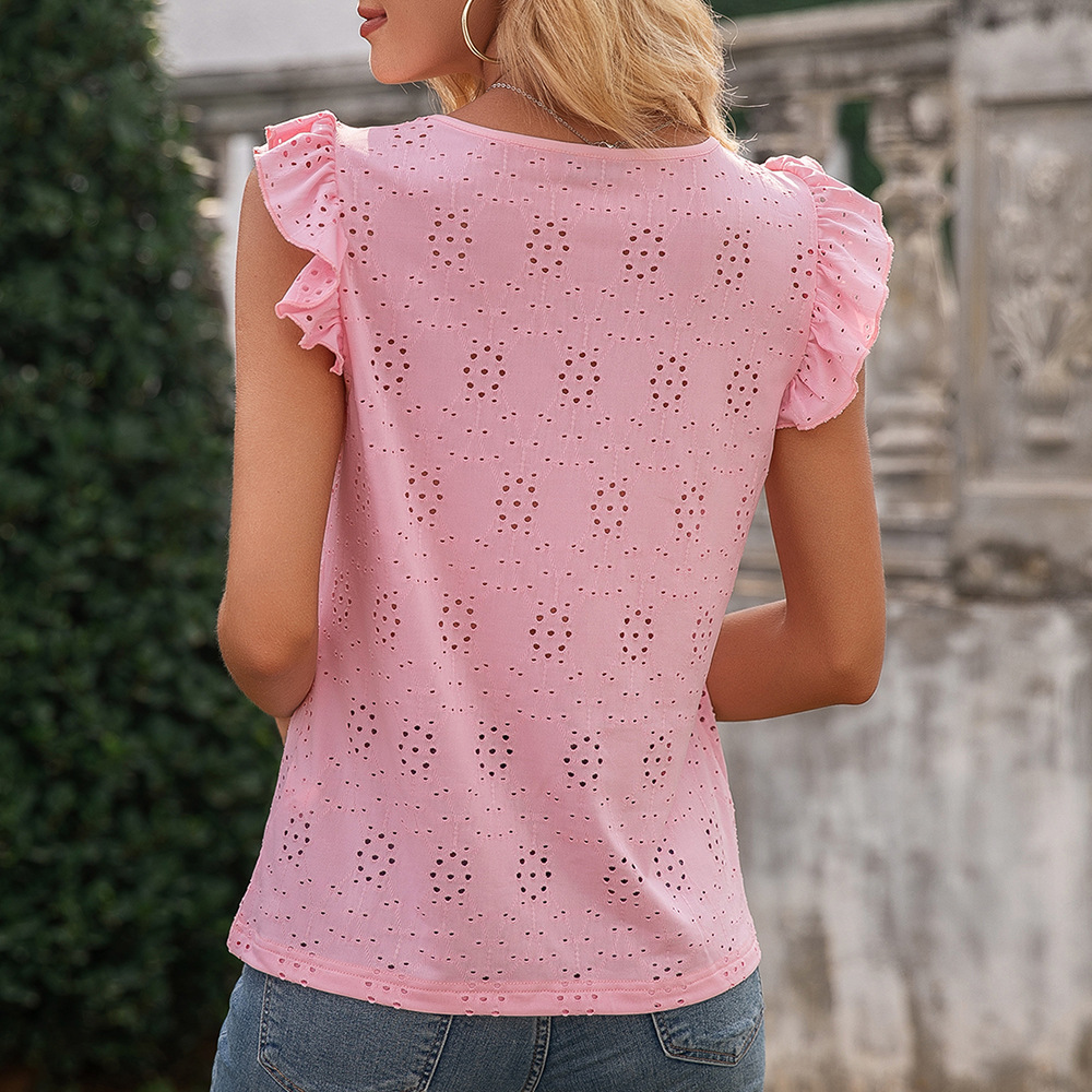 Ladies Hook Flower Hollow Baby Shirt Crew Neck