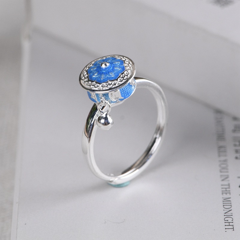 Silver Cloisonne Burning Blue Craft Six-Character Mantra Ring