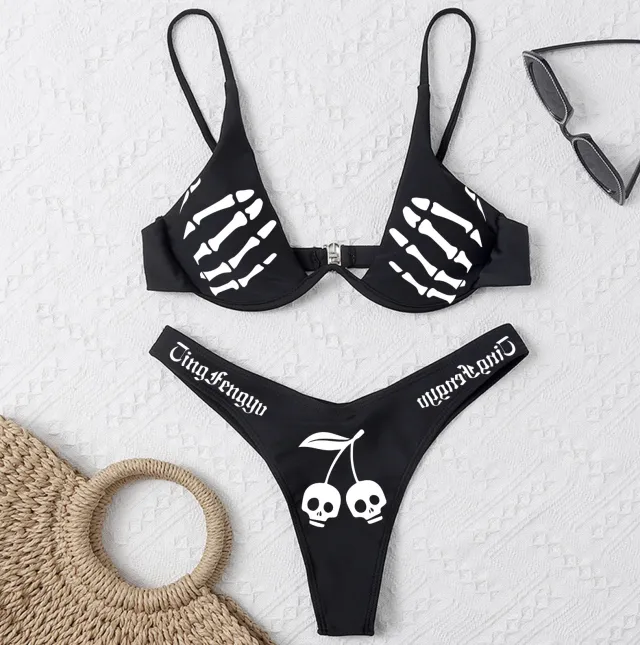 Bikini Offset Printing Funny And Sexy, One Underwire Gathers Swimsuit Women Black - Shop at LoveMi