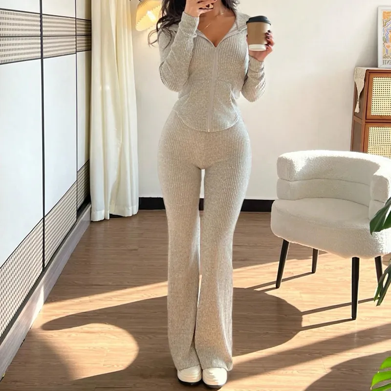 Women's Solid Color 2-Piece Set Hooded Belted Jacket With Pockets & Flare Leg Pant Suit For Spring And Fall - Apricot