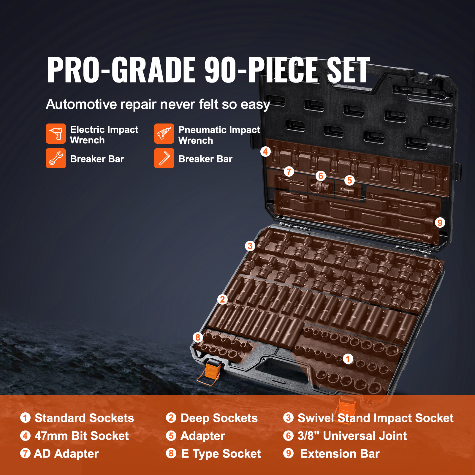 Drive Impact Socket Set 6 Point Cr-Mo Alloy Steel For Auto Repair - Image 1 of 6