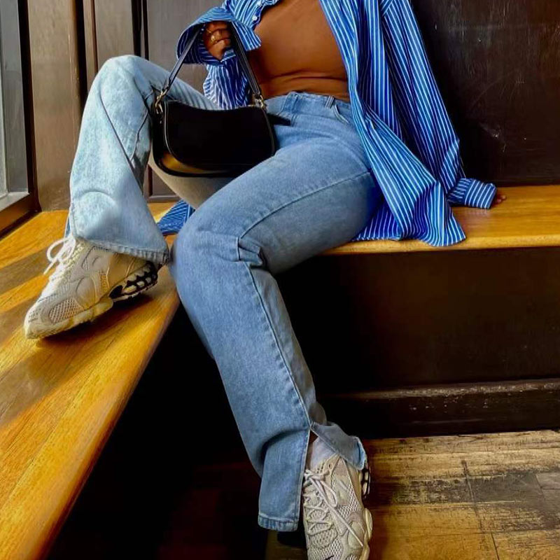 Women's Slit Mopping Vintage Loose High Waist Jeans