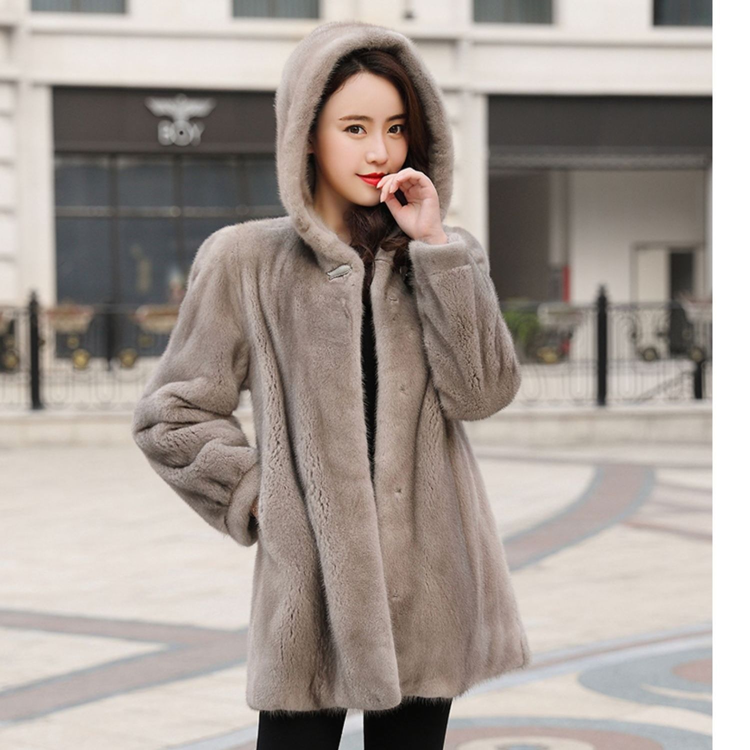 Faux Mink Coat Whole Mink Mid length With Hood Dark Grey - Shop at LoveMi