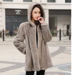Faux Mink Coat Whole Mink Mid-length With Hood - Dark Grey - View 1