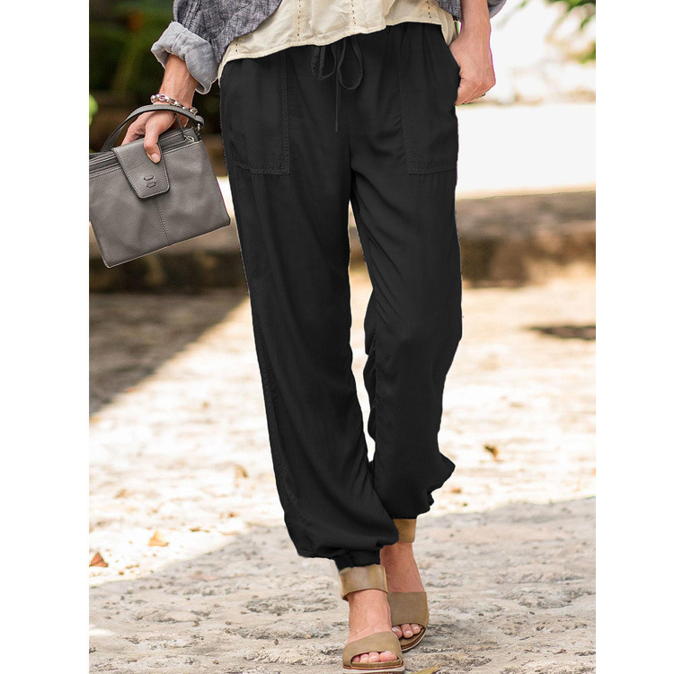 Lace up Trousers Cross border Solid Color Stretch Waist Pocket Slacks Black - Shop at LoveMi