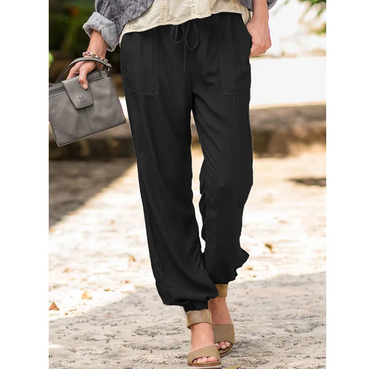 Lace-up Trousers Cross-border Solid Color Stretch Waist Pocket Slacks - Black