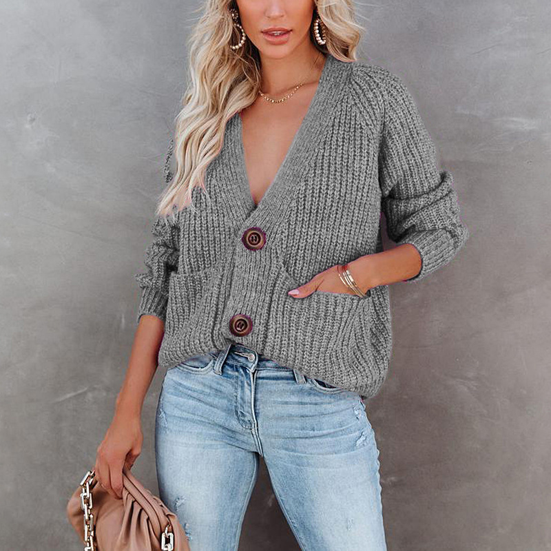 Solid V-Neck Cardigan Single Breasted Long Sleeve Sweater Jacket