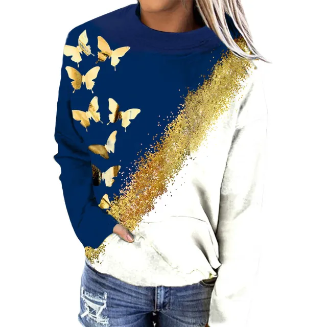 New Style Women's Stitching Long Sleeves Blue - Shop at LoveMi