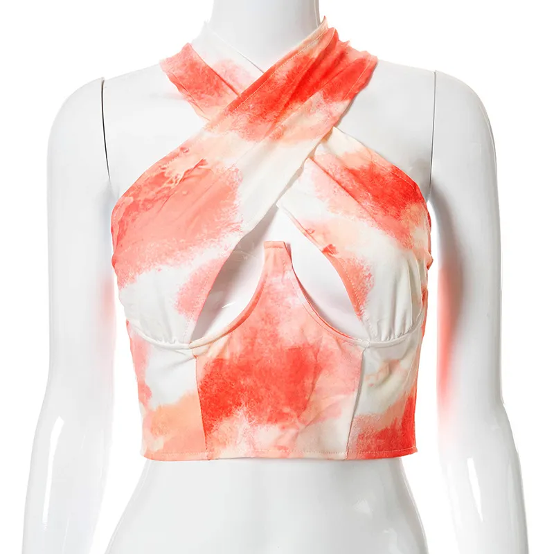 Women's New Printed Halter Sleeveless Zip Top - Orange Print