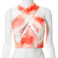 Women's New Printed Halter Sleeveless Zip Top - Orange Print - View 1