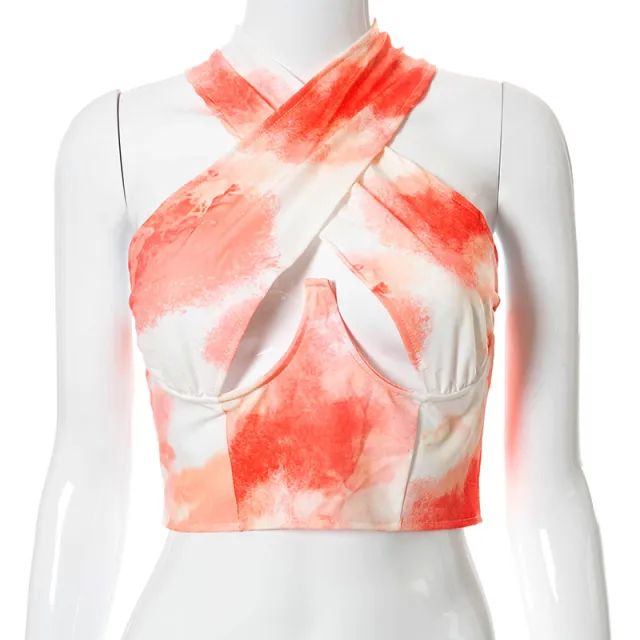 Women's New Printed Halter Sleeveless Zip Top Orange Print - Shop at LoveMi