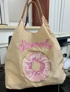 Japanese Nylon Cloth Donut Embroidery Eco-friendly Bag - Khaki - View 1