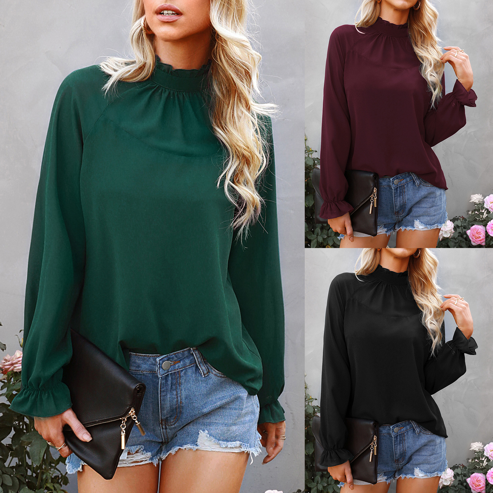 Women's Spring New Chiffon Top Solid Color Loose Pullover Long Sleeve T-shirt