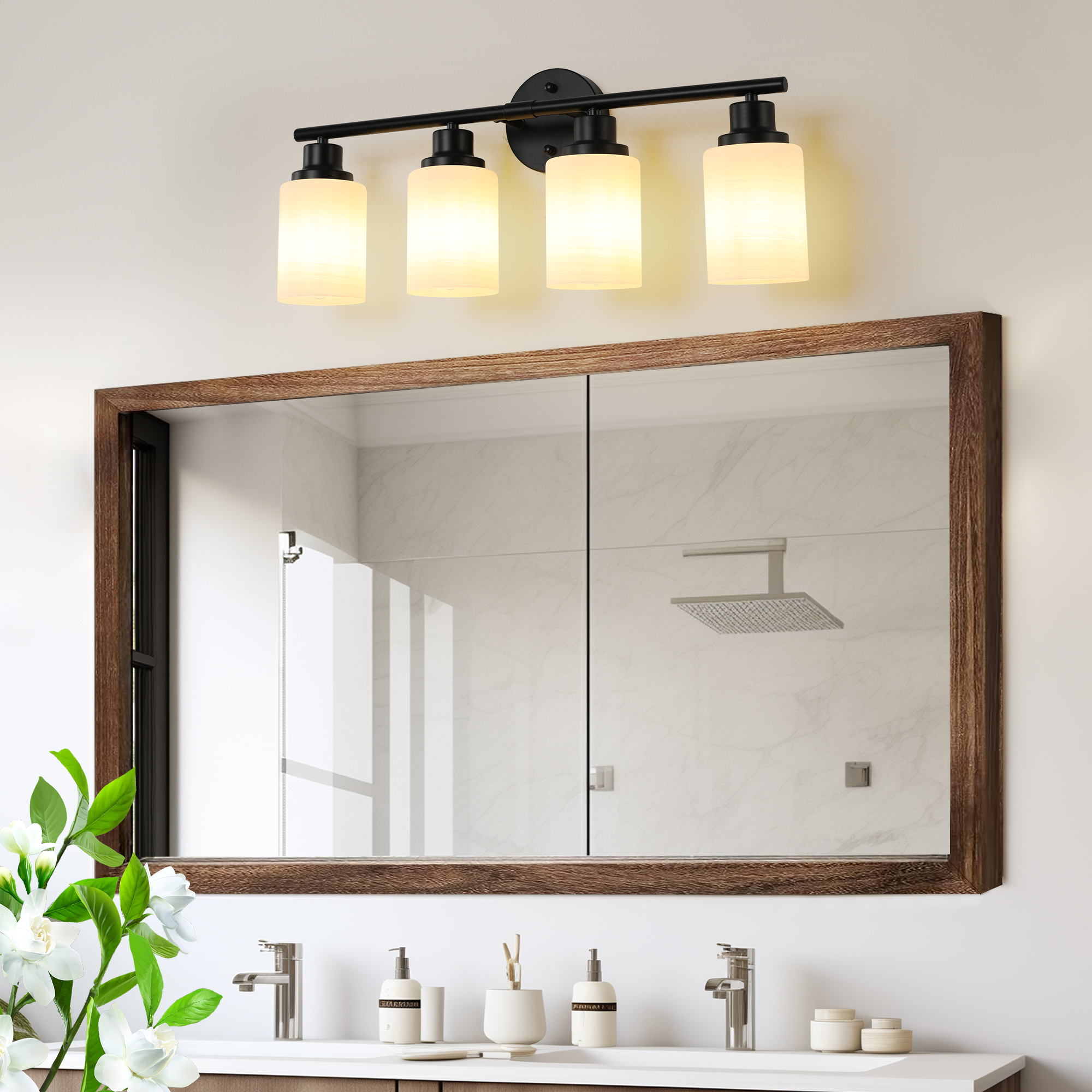 24 Modern 4-Light Vanity Bathroom Mirror Light, Frosted White Glass With Black Iron Frame, Contemporary Wall Sconce For Bedroom, Bathroom, And Dressing Room  Bulb Not Included
