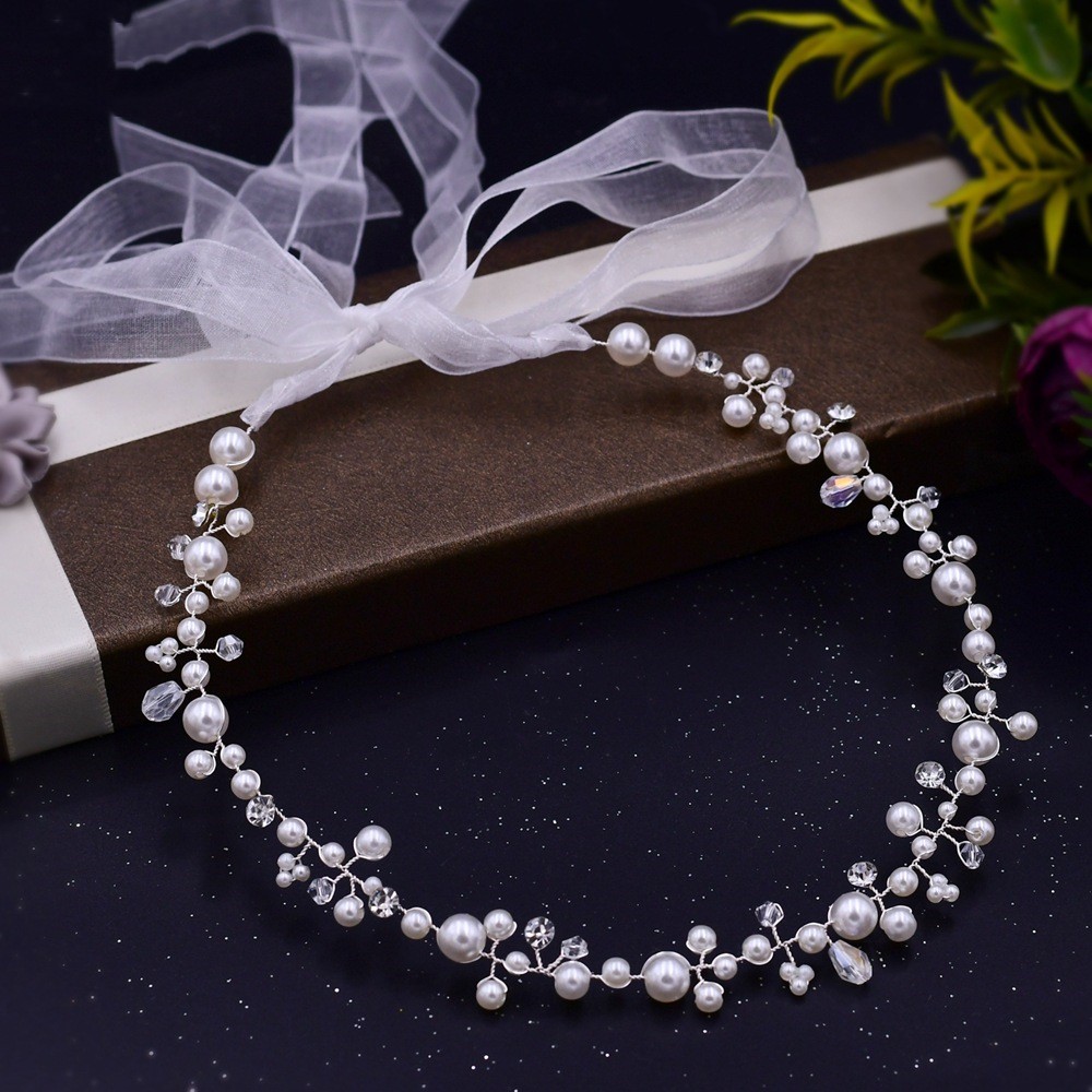 Bridal Wedding Pearl Band Diamond Hair Band Silver White - Shop at LoveMi