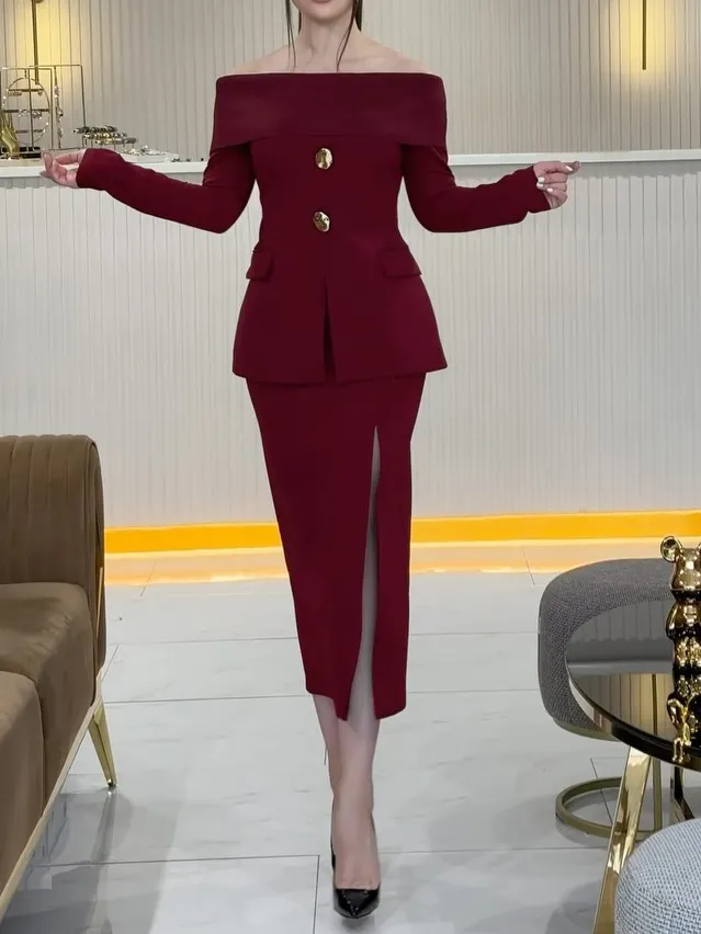 Burgundy Bateau Collar Top & Slit Skirt Suit Burgundy - Shop at LoveMi
