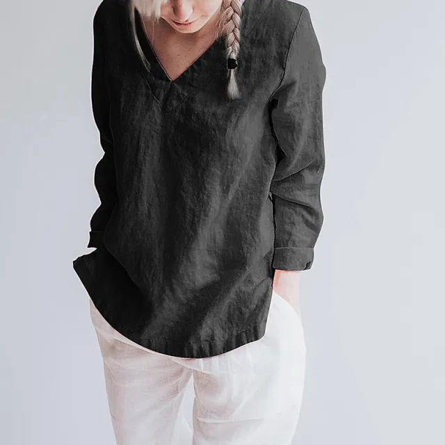 Women's Pure Linen V Neck Long Sleeve Top Black - Shop at LoveMi