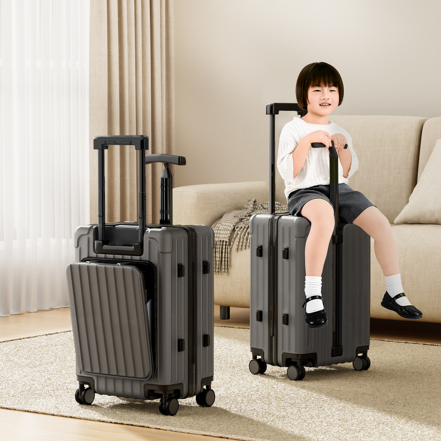 20 Inch Double Pull Rod Design Luggage Case, Can Be Seated, Front Open Lid Luggage Compartment, Silent Universal Wheels, Dry Wet Separation, T-shaped Pull Rod Travel Box — foto 4