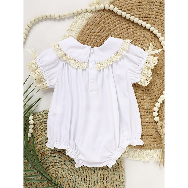 Baby Girl White Lace Romper Soft & Stylish Short Sleeve Bubble Jumpsuit For Wedding Season & Summer — foto 3