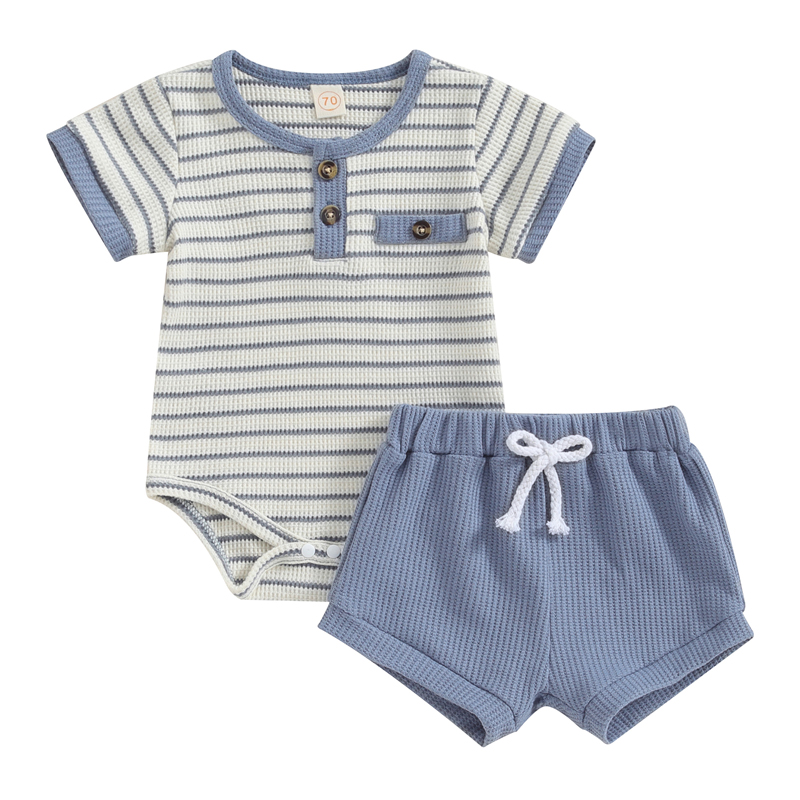 Baby Boy Summer Clothes Button Short Sleeve Romper Bodysuit Shorts Set Infant Soft Waffle Outfit