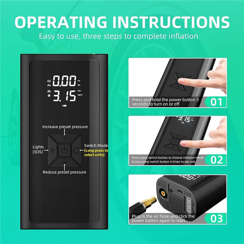 Car Tyre Inflator Cordless Digital USB Rechargeable Tire Air Compressor New