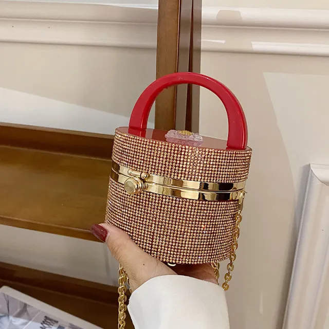 Niche Design Rhinestone Lock Bucket Chain Shoulder Messenger Bag Red - Shop at LoveMi