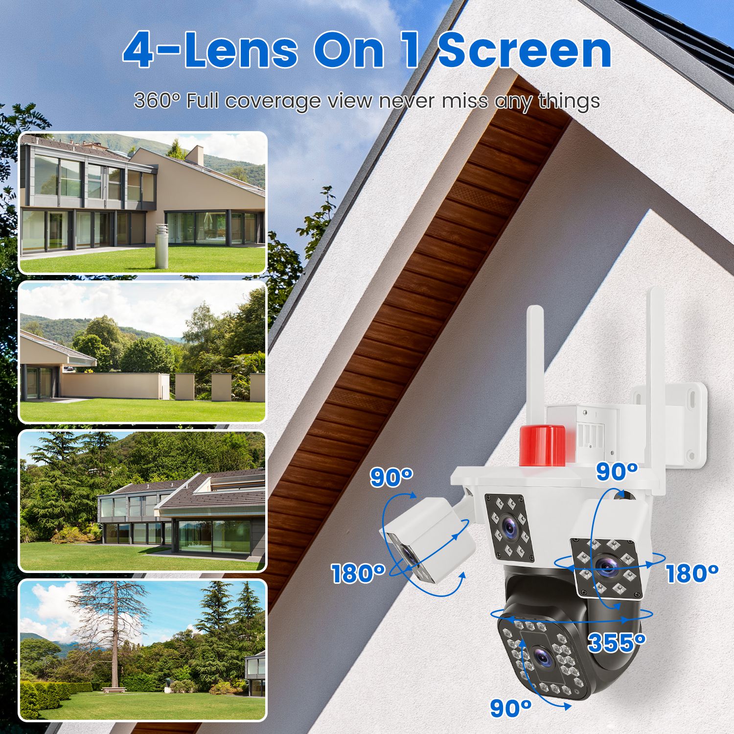 1080P HD 4-Lens Security Camera 360 Degree View WiFi Pan & Tilt Surveillance Camera With Full Color Night Vision Auto Motion Tracking 2-Way Audio Spotlights IP66 Waterproof Max 128G Not Included
