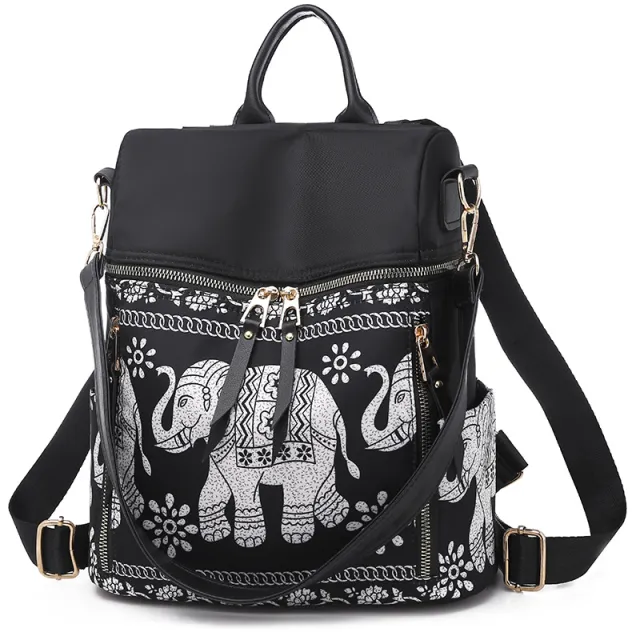 Multifunctional Ethnic Style Elephant Print Student One shoulder Backpack Oxford Cloth - Shop at LoveMi