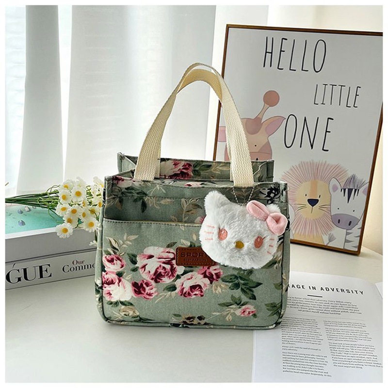 Handbag, Bento, Mommy, Office Worker, New Style For Going Out, Oxford Cloth Belt, Rice, Fashionable Carrying Bag, Large Capacity Makeup Bag - Green Flower Small Bag-pendant