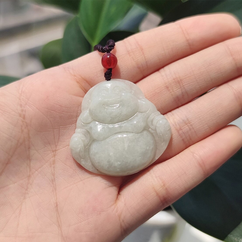 Natural Grade A Jadeite Laughing Buddha Pendant Necklace,Hand-Carved Amulet For Good Luck & Happiness