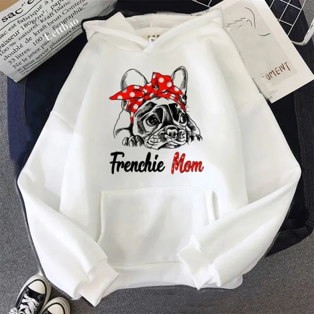 Kawaii French Bulldog Female Cartoon Sports Funny Pattern Fashion Hooded Sweater 90s Street White - Shop at LoveMi