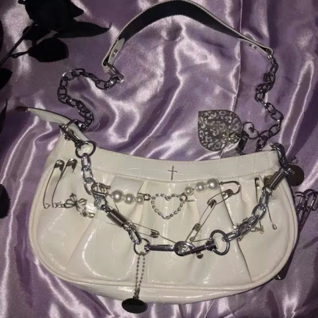 Retro Gothic Patent Leather Dumplings Folded All match Crossbody Bag White - Shop at LoveMi