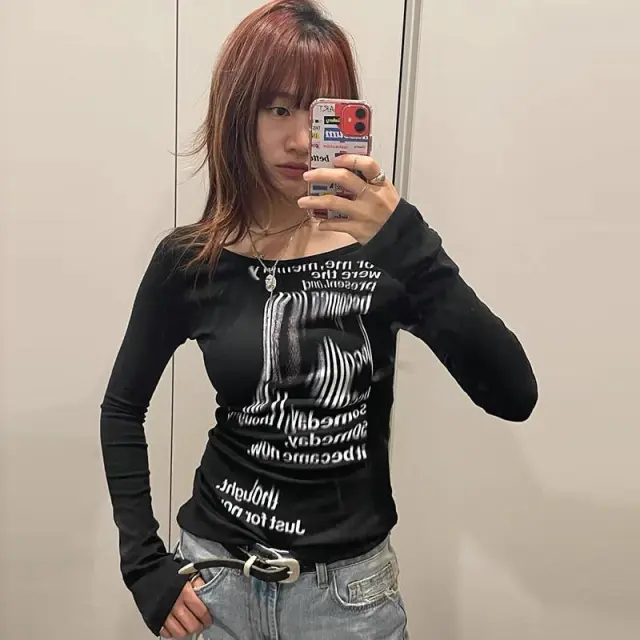 Spring Summer Slim Fit Slim Print Long Sleeve Top Black - Shop at LoveMi