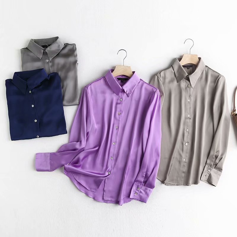 Satin Plain Lapel Long Sleeve Shirt