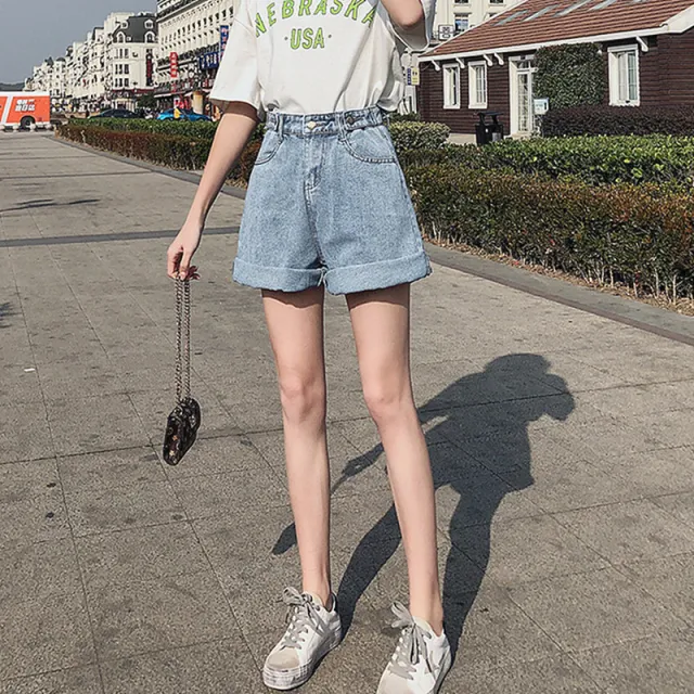 Women's Loose High Waist Cotton Denim Shorts Light Blue - Shop at LoveMi