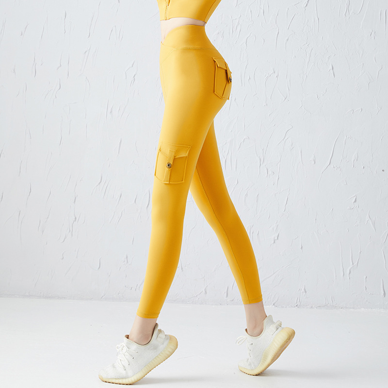 Workwear Pocket Sports Cropped Trousers High Waist Hip Pants Yellow - Shop at LoveMi