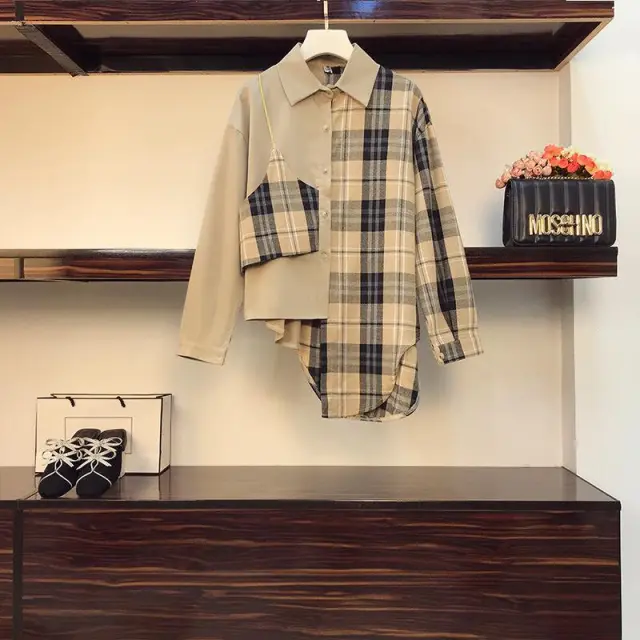 Women's New Patchwork Long Sleeve Plaid Shirt Check Shirt - Shop at LoveMi