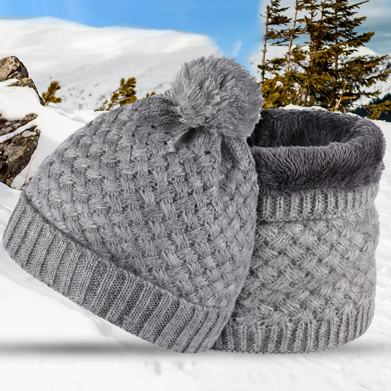 Plus Velvet Thick Knitted Fur Ball Hat Scarf Set Warm Wool Single