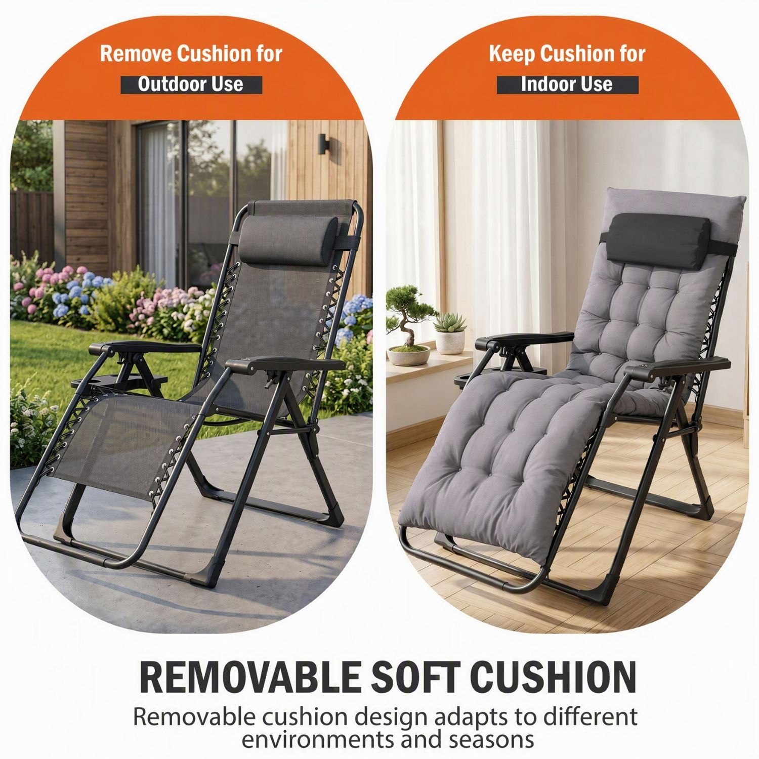 Zero Gravity Chair With Cushion, Folding Outdoor Lounge Chair With Cup Holder And Headrest For Patio, Strong Capacity image 11