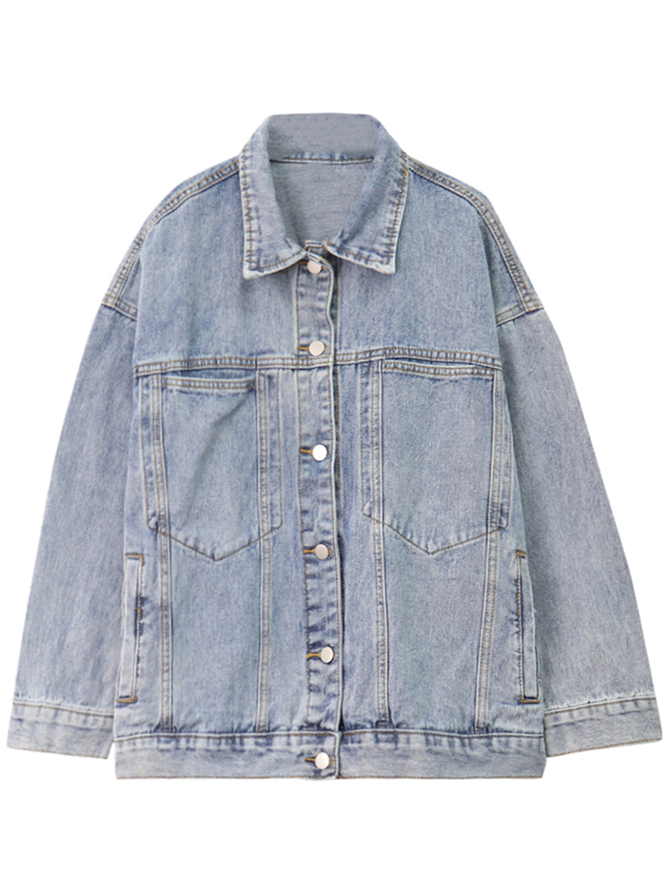 New Loose Large Pocket Mid-Length POLO Collar Denim Jacket