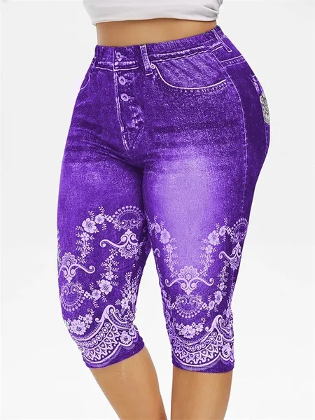 Denim Yoga Pants Jeans Leggings High Waist Capri Pants Jeggings Purple - Shop at LoveMi