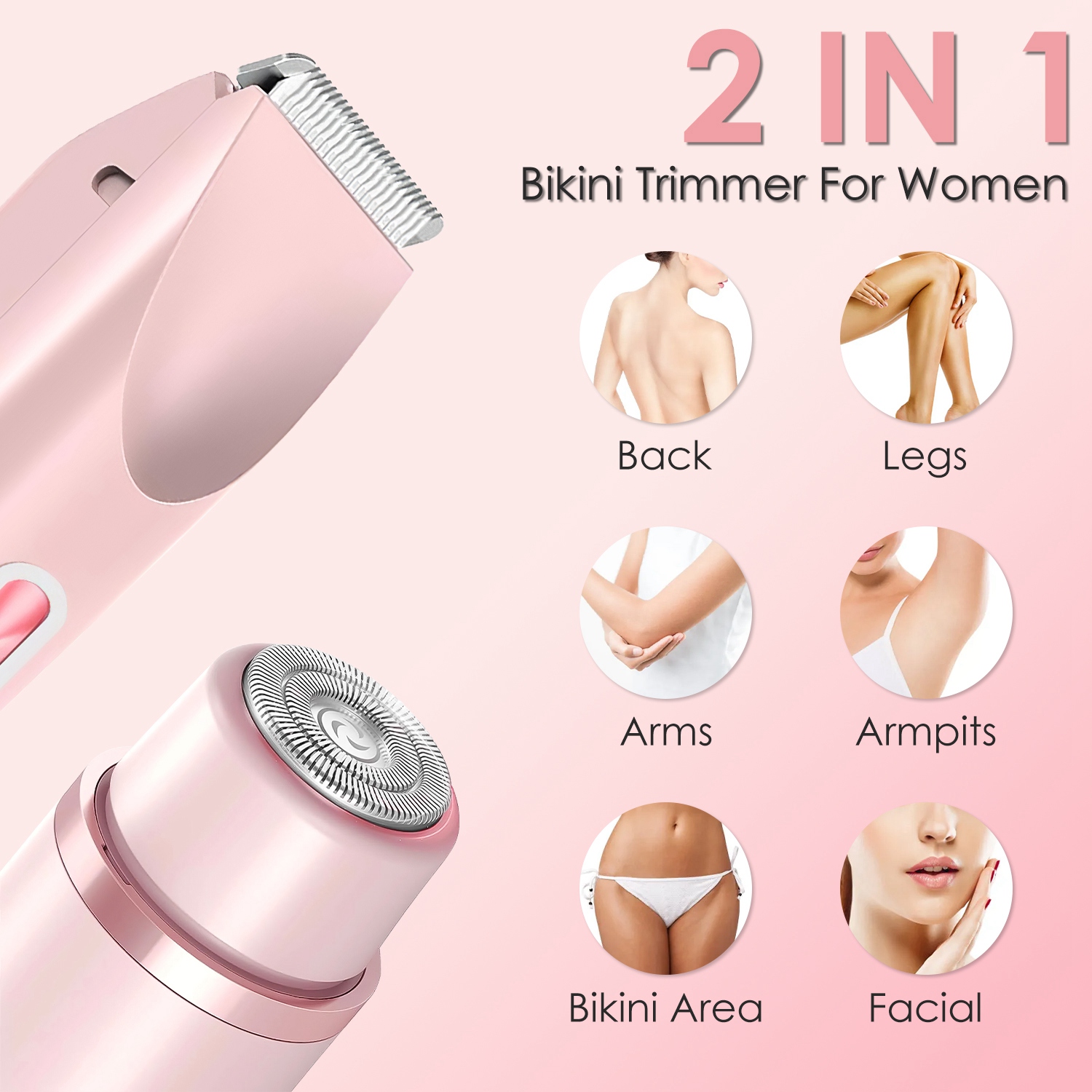 1Pc 2 In 1 Bikini Trimmer For Women Dual Head Cordless Body Shaver IPX7 Waterproof Rechargeable Pubic Hair Razor Wet And Dry Use For Bikini Underarm Leg Arm Body Face — foto 2