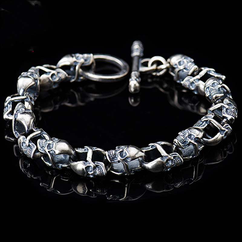 Title 4, Punk Double-sided Skull Bracelet Sterling Silve...