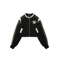 Women's Printed Colourblock Round Neck Zip Cropped Jacket - Black - View 1
