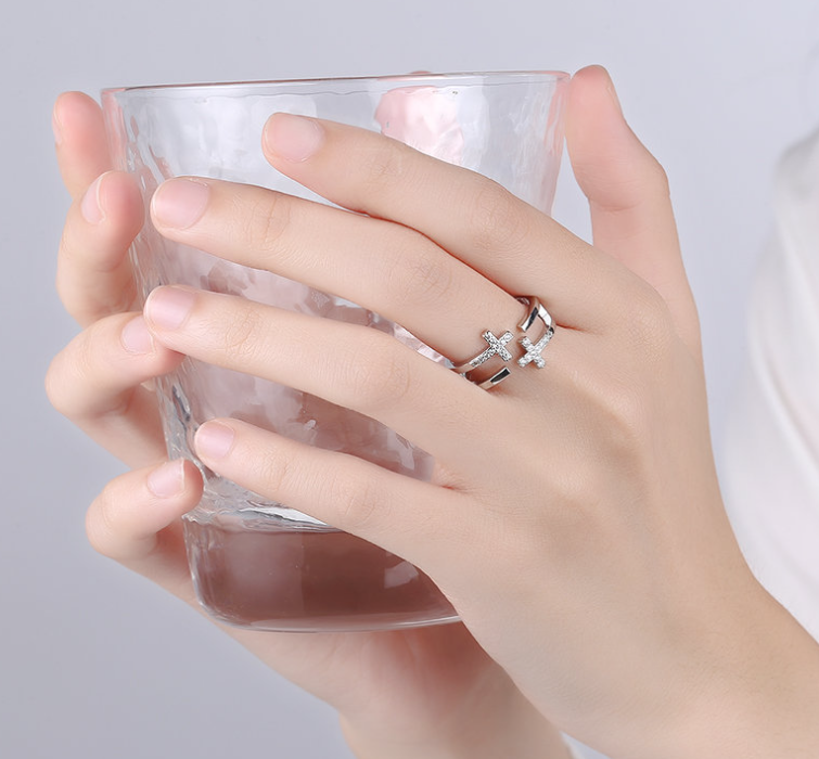 Cross Double Zircon And Diamond Copper Ring