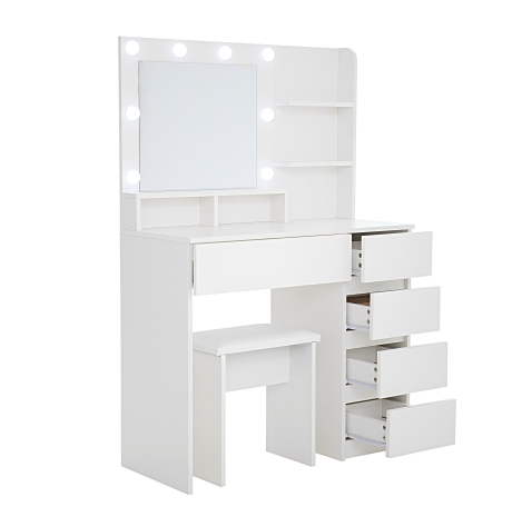 Vanity, Makeup Vanity Desk Set With Mirror & Light, Dressing Table Storage Lots With Power Strip, 3 Lighting Modes With Adjustable Brightness, 37 Inches White With Stool — foto 7