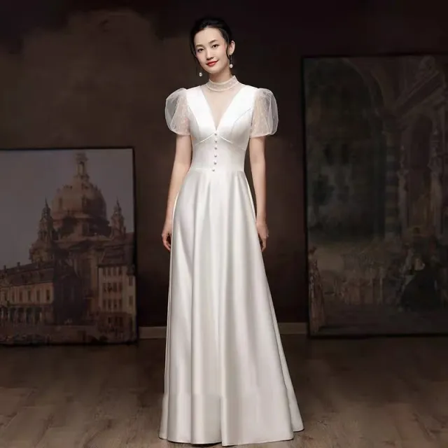 White Engagement Wedding Dress Female French Satin Light Wedding Dress White - Shop at LoveMi