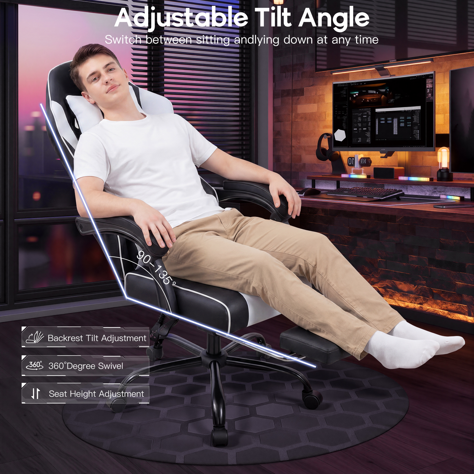 Racing Style Gaming Chair With Footrest,PU Leather,Massage Lumbar — image 12