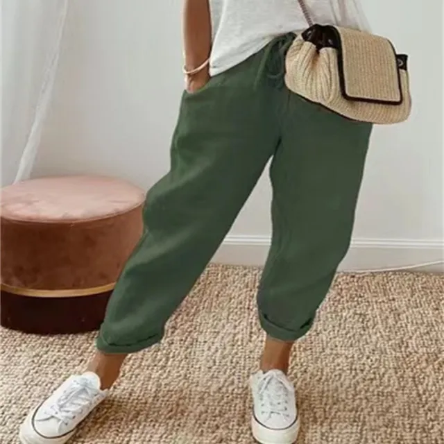 Women's Fashion Cotton Linen Solid Color Casual Pants Army Green - Shop at LoveMi
